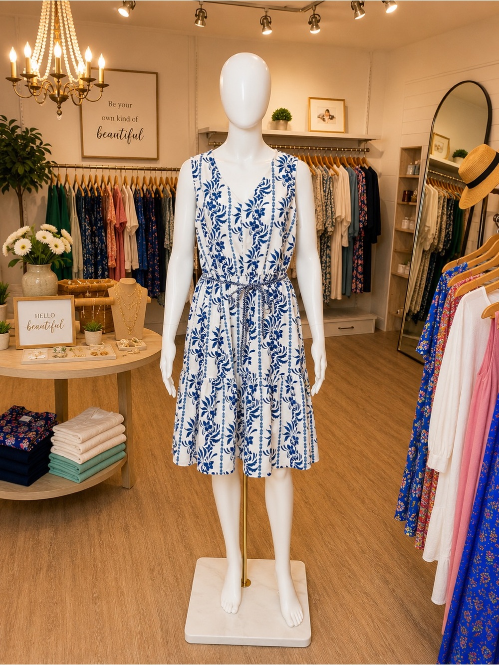 Sleeveless White Midi Dress with Blue Botanical Print and Tie Waist